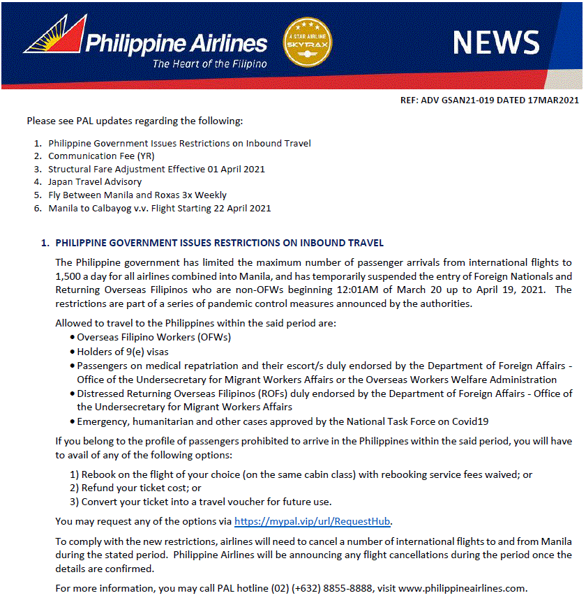 Gs Air News Philippine Government Issues Restrictions on Inbound Travel